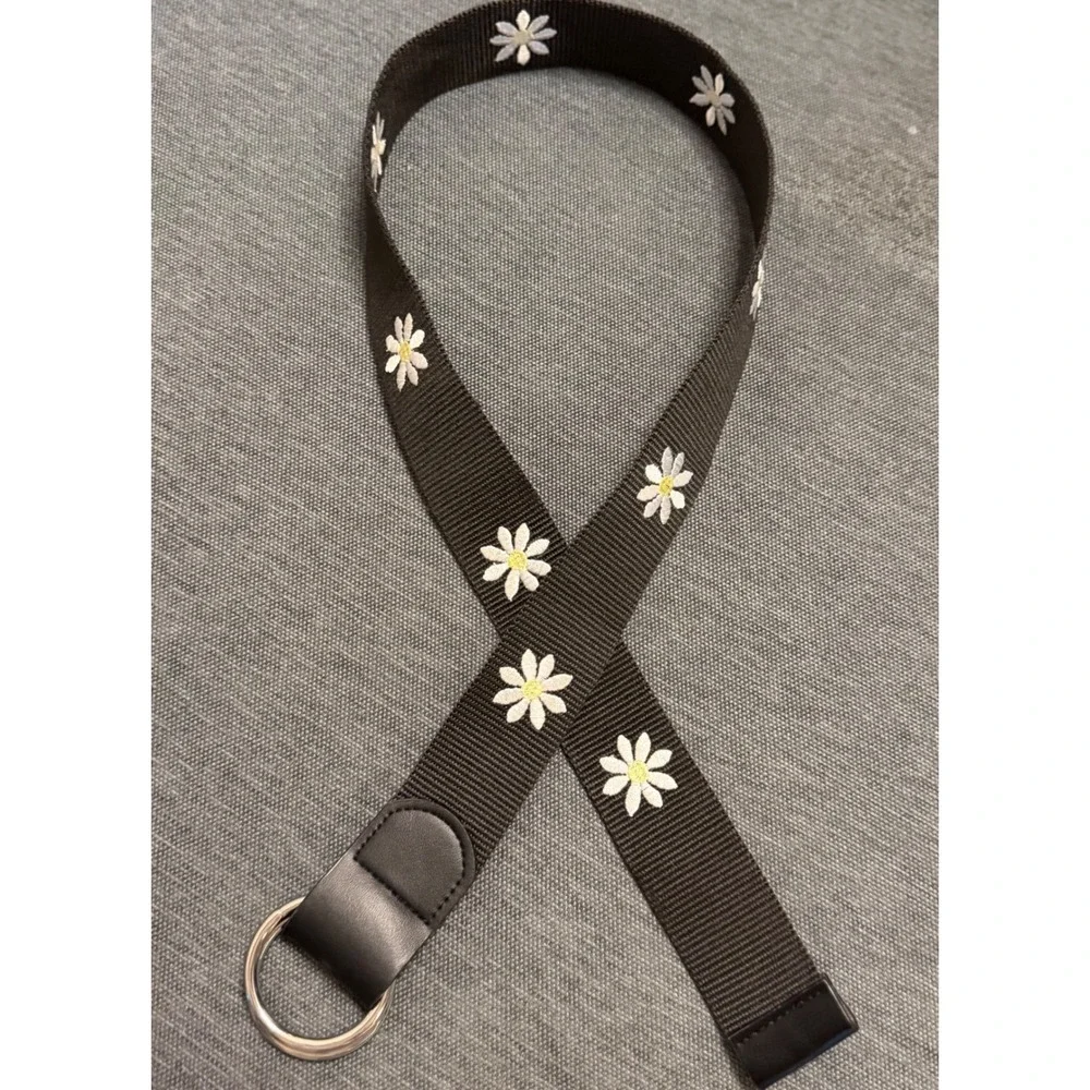 Kids Daisy Embroidered Web Belt D-Ring Adjustable Floral Canvas Brown Black